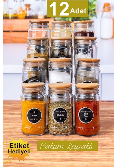 12 Adet Ahşap Kapaklı Cam Baharatlık Seti 320 Cc -12'Li Baharatlık Şeffaf