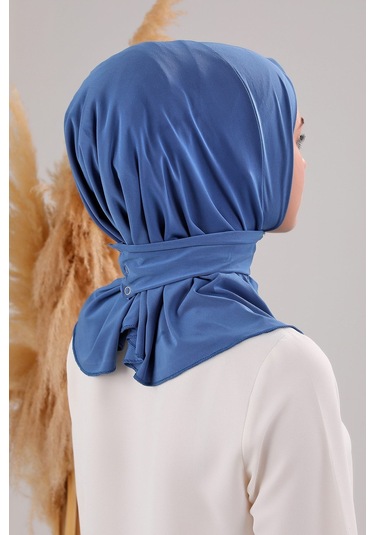 Kadın Tesettür Pratik Çıtçıtlı Sandy Fular Hazır Deniz Havuz Uyumlu Bone İndigo İndigo