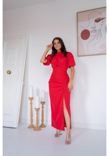 Kırmızı Yırtmaçlı Class Elbise Kırmızı