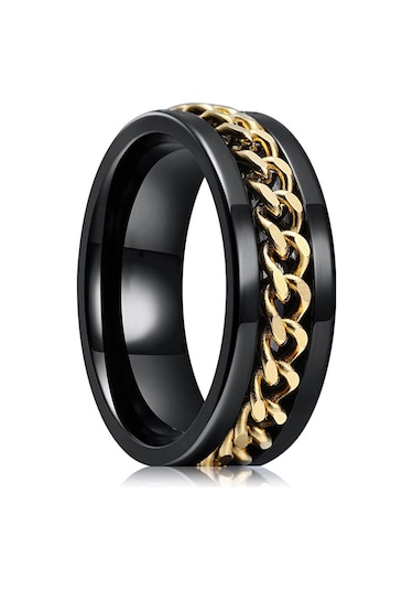 Ortası Dönebilen Zincirli Erkek Kadın Anti-stres Çelik Alyans Yüzük Cl43 Altın - Siyah
