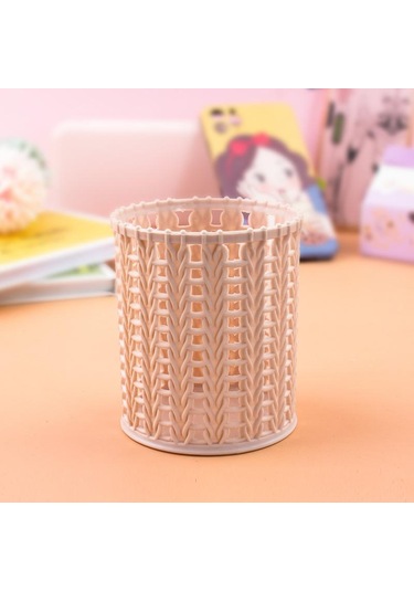 Yaratıcı Rattan Plastik Kalem Tutucu Içi Boş Kutular Öğrenci Masaüstü Ofis Kırtasiye Kova Kalem Pembe