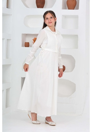 Kız Çocuk Uzun Boy Gofre Kumaş Jile & Elbise İki Parça Takım Astarlı Zarif Set-4948 Ekru Kız Çocuk Uzun Boy Gofre Kumaş Jile & Elbise İki Parça Takım Astarlı Zarif Set-4948 Ekru