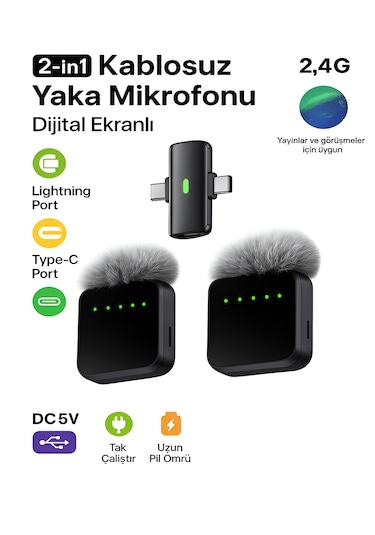 Lightining Type-c Girişli 200mah Dijital Ekranlı 2.4g Kablosuz Çift Yaka Mikrofonu Pro++