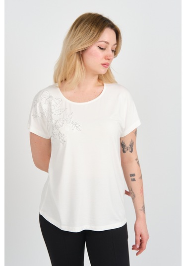 Ella Camelia Kadın Taşlı Ve Desenli Düşük Kol Bluz 24e044 Ekru Ekru