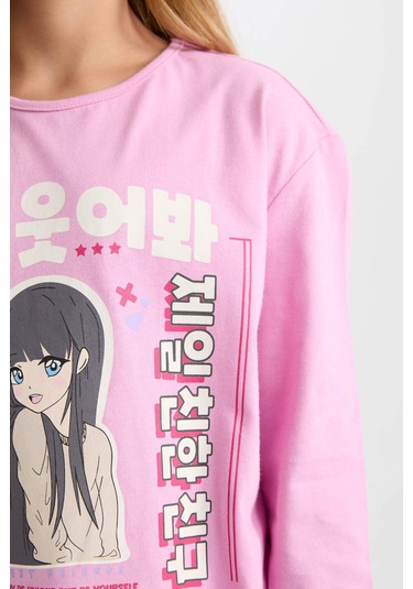 DeFacto Kız Çocuk Pijama Takımı Baskılı Uzun Kollu Üst Uzun Alt D8191A8NSPN444 Pembe
