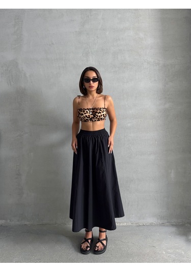 Kadın Beli Lastikli Dokuma Kloş Etek Siyah