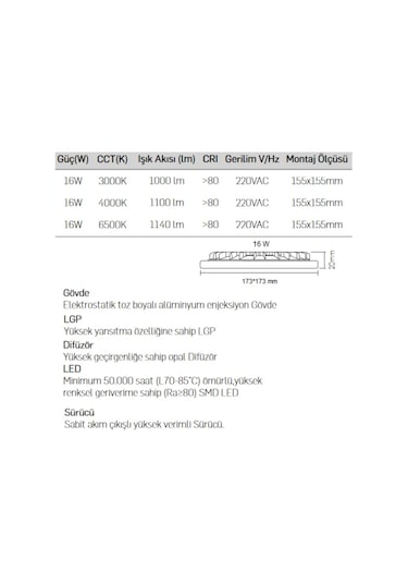 Lamptime Sıva Altı Led Spot Siyah Gövde 16W 4000K Kare 263430