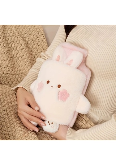 Elmpaly Pembe Beyaz Tavşan Pvc Astarlı 33.81 Onsluk Isıtmalı Sevimli Tüylü Menstruasyon Sürahi Hızlı Isınma Antrasit