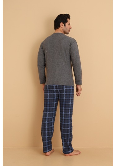 Flkn 7015 İnterlok Kışlık Ekose Pijamalı Erkek Pijama Takımı Füme