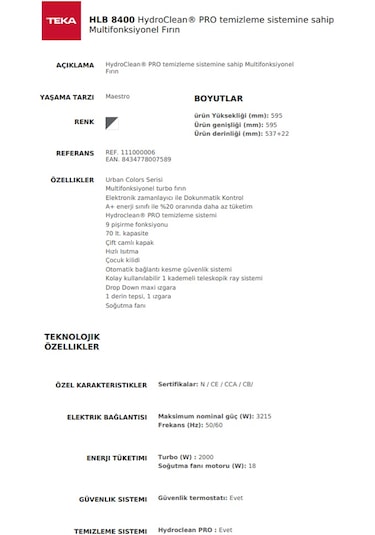 Teka HLB 8400 ST Ankastre Multifonksiyonel Dijital Ekranlı Turbo Fırın