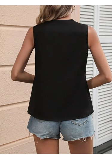 Sensuelle Kadın Kolsuz V Yakalı Blok Renkli Ithal Krep Bluz Yeşil