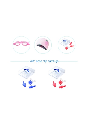 3'ü 1 Arada Çocuk Yüzme Yüzme Şapkası + Yüzme Gözlükleri + Burun Klipsi Kulak Tıkaçları Seti Pembe Ananas Çok Renkli