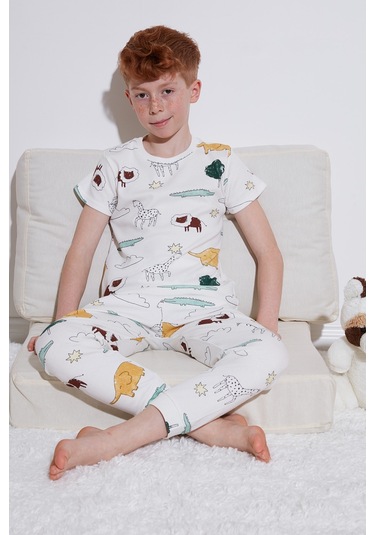 Lela Desenli % 100 Pamuk Bisiklet Yaka Erkek Çocuk Pijama Takımı 6651001 Ekru-Hardal