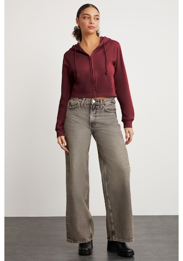 GRIMELANGE Delıa Kadın Crop İçi Polarlı Fermuarlı Organik Pamuklu Kapüsonlu Kordonlu Bordo Sweatshirt Bordo