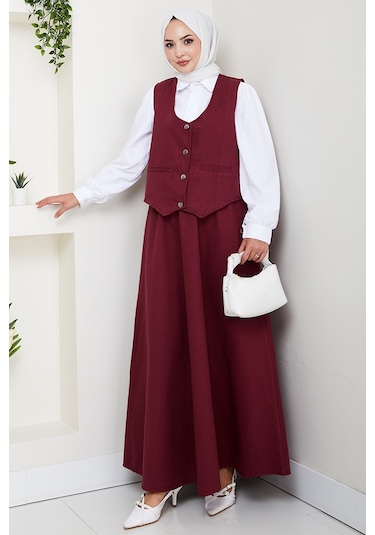 İkili Gabardin Yelek Etek Takım 1400 - Bordo Bordo