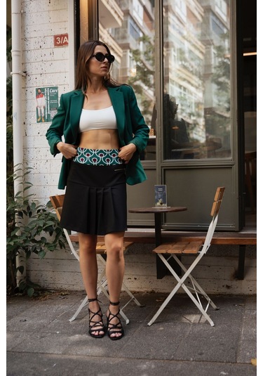 Kadın Fermuar Detaylı Beli Desenli Pileli Etek Frn4052 Siyah