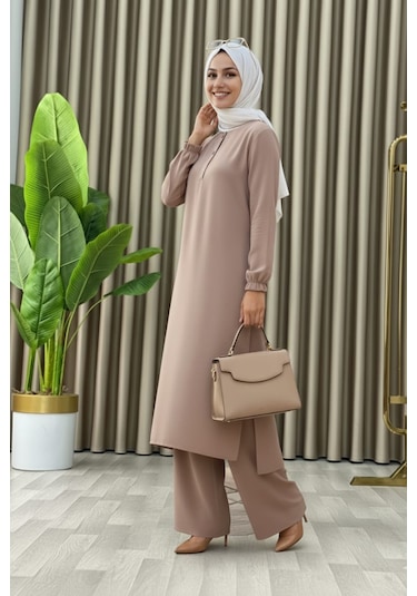 Tesettür İkili Takım Uzun Tunik Bol Paça Pantolon 4006-bej Bej Tesettür İkili Takım Uzun Tunik Bol Paça Pantolon 4006-bej Bej