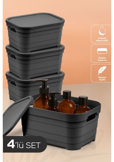 4'lü Kapaklı 3,8 Litre Saklama Kutusu Antrasit Antrasit