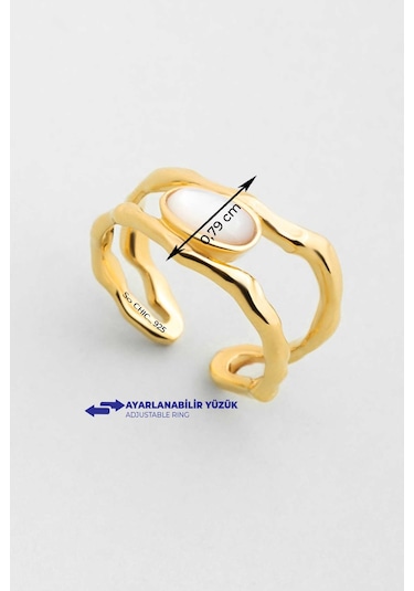 Sedef Masalı 18 Ayar Sarı Altın Kaplama Ayarlanabilir Gümüş Yüzük Sarı