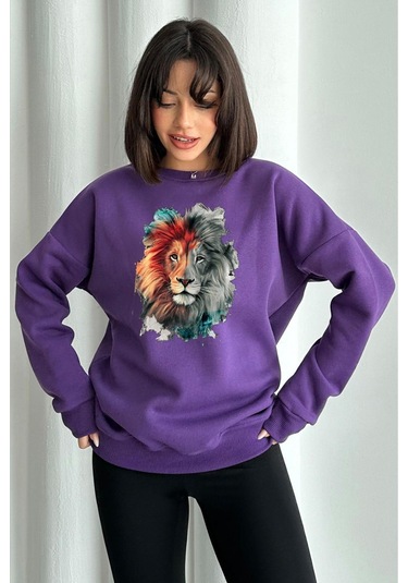 Kadın Mor Aslan Baskılı Oversize Bisiklet Yaka Sweatshirt Mor