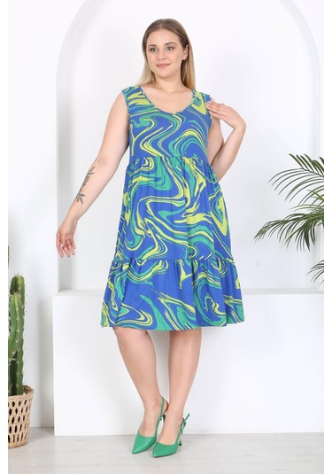 Kadın Mavi Yeşil Ebru Desen Büyük Beden Katlı Elbise Mavi