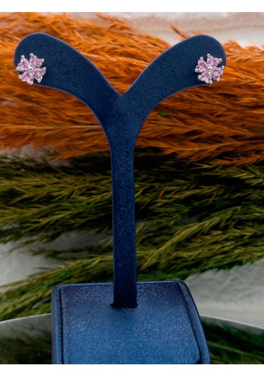 925 Ayar Gümüş Kalpli Pembe Kuvars Taşlı Zarif Kadın Küpe Gümüş