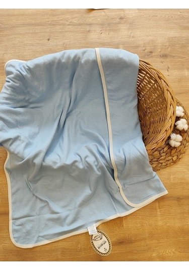 %100 Pamuklu & Mevsimlik Bebek Battaniyesi - Kahverengi & Ayıcık Nakışlı Bebek Örtüsü 80x90 Cm Mavi