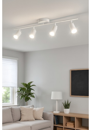 Spoti 4'lü Beyaz Renk Beyaz Işık Modern Tasarım Salon - Mutfak - Banyo Spot Ledli Sıralı Avize Beyaz