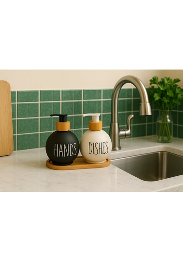 Bambu Standlı Cam Sıvı Sabunluk Seti 500 Ml Çiftli Dispenser Hands & Dishes Yazılı, Siyah-beyaz Siyah Beyaz