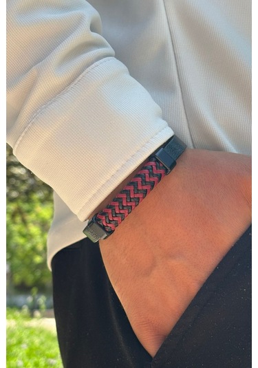 El İşçiliği İle Üretilmiş Hakiki Deri Erkek Bileklik Kırmızı - Siyah