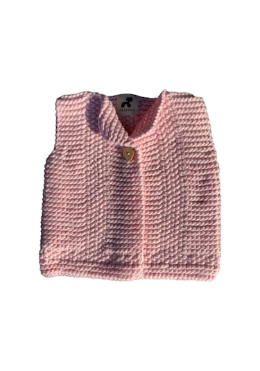 Petityu El Yapımı Pamuk Örgü Hırka Yelek- Pembe Pembe