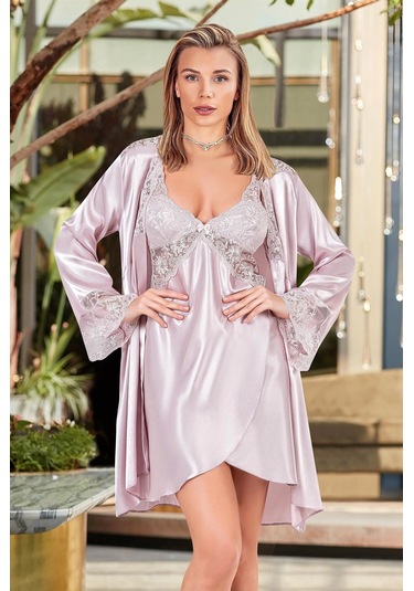 Nurteks 5344 Kadın Saten Gecelik Ve Sabahlık Takımı - Pudra - L Pudra
