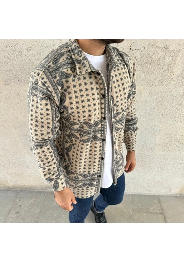 Erkek Polar Fermuarlı Sweatshirt - Kapüşonsuz, Cepli, Yumuşak Dokulu, Oversize Rahat Kalıp, Kışlık Sıcak Tutan Fermuarlı Üst - Bej Siyah