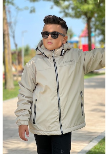 Erkek Çocuk Sabit Kapüşonlu Metal Armalı İçi Kürklü Mont Km3987 Bej