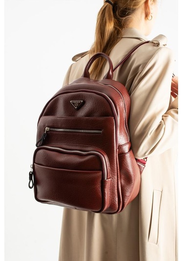 Vegan Deri Kadın Sırt Çantası 35 25 Cm Yağmur İtici Kumaş Mega Bag Günlük Kullanıma Uygun Bordo