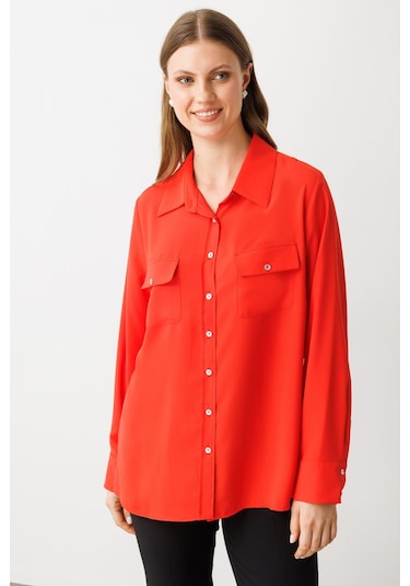 Ekol Kadın Büyük Beden Kapak Cepli Düğmeli Gömlek 3526 Mercan Mercan