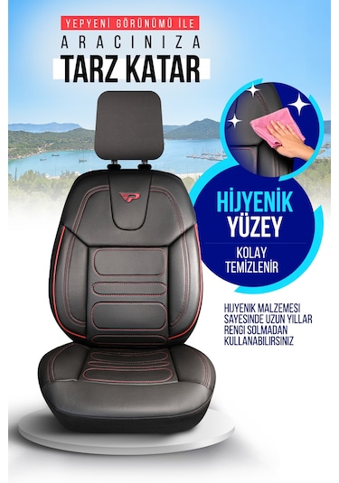 Siyah - Kırmızı Panda Rodos Serisi Deri Ortopedik Oto Koltuk Kılıfı - Tam Set