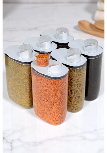 İronika 6'lı Silikon Kapaklı Ölçülü Saklama Erzak Bakliyat Kabı Kutusu Seti 2100 Ml Şeffaf