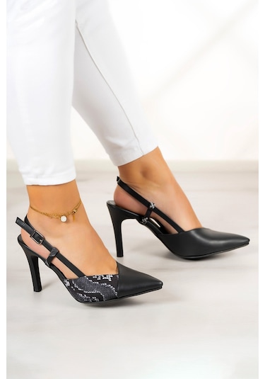Erkan Saçmacı Sacha Siyah Yılan Arkası Açık İnce Topuklu Ayakkabı Siyah Yılan