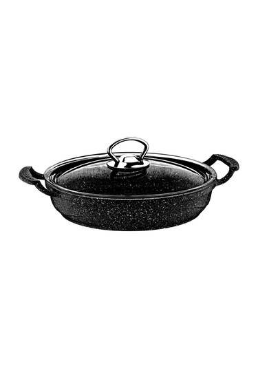 3286 - 4 Parça, Biogranit, Döküm, Isıya Dayanıklı Cam Kapaklı, 18 - 22 Cm Sahan, Seti, Siyah Siyah