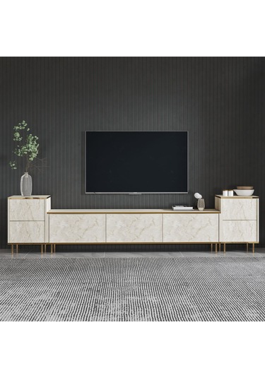 İmaj Tv Ünitesi Ve Komodin Set Traverten/gold, Oturma Odası Set, Tv Sehpası - Traverten Traverten