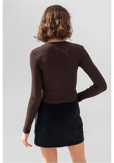 Gri Uzun Kollu Fitilli Bluz Crop Örme T-shirt Kahve