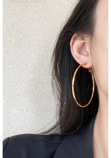 By Zeyna Aksesuar Kadın 316 L Çelik 6 Cm Halka Küpe-5064 Altın