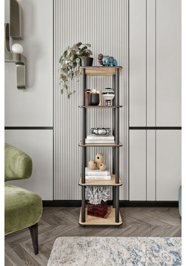 5 Katlı Dekoratif Kare Kitaplık Meşe Meşe