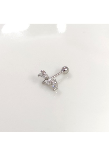 Üç Taş Mekik Gümüş Tragus Pıercıng - Rodyum Beyaz Beyaz