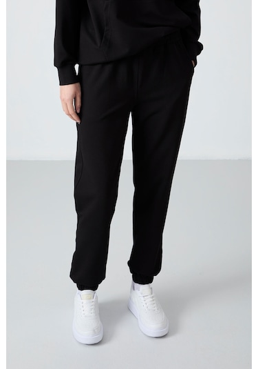 Tommy Life Siyah Kapüşonlu Kanguru Cep Oversize Lastik Paça Kadın Eşofman Takımı - 95288 Siyah