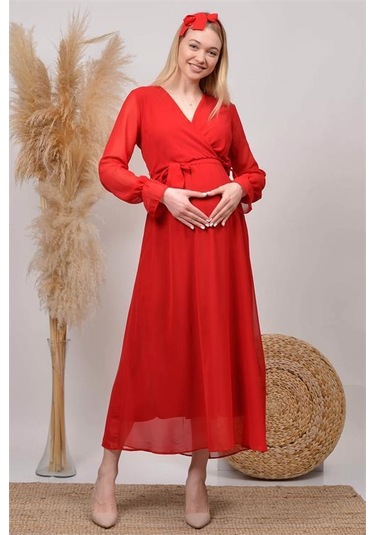 Kadın Beyaz Baby Shower Şifon Hamile Elbise Dphml003 Kırmızı