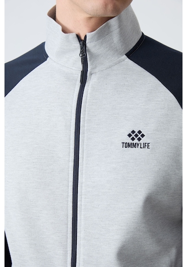 Tommy Life Gri Lacivert Dik Yaka Çift Renk Rahat Form Klasik Paça Erkek Eşofman Takımı - 85113 Gri - Lacivert