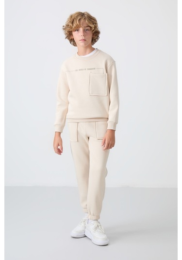 Tommy Life Bej Pamuklu Kalın İçi Tüylü Yumuşak Dokulu Standart Fit Baskılı Erkek Çocuk Eşofman Takım - 11257 Bej