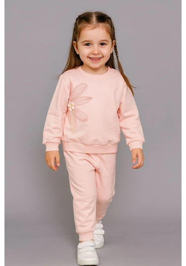 Büyük Çiçek Nakışlı %100 Pamuk 2 Li Çocuk Eşofman Takımı SOMON